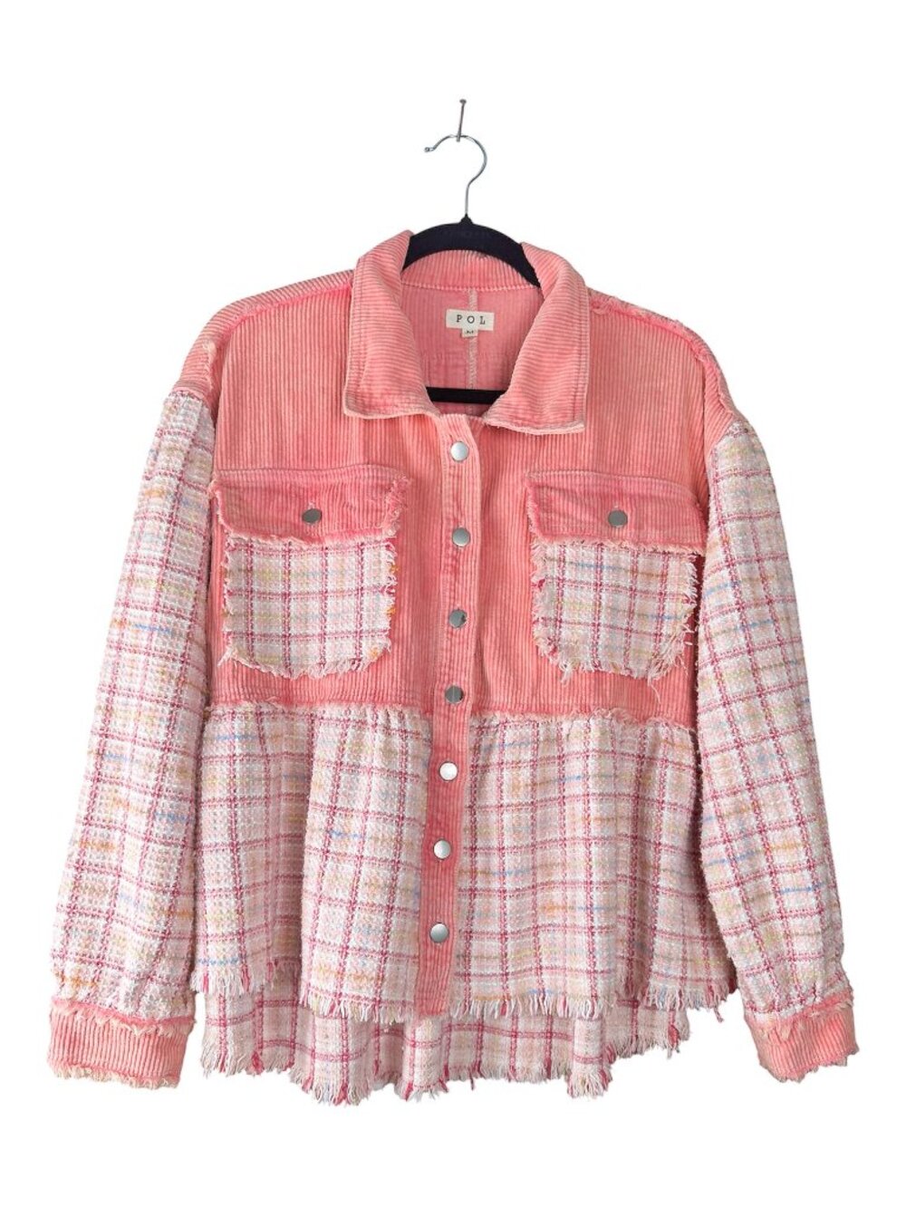 POL Pink Plaid‎ Jacket Women's Size M Boho Shacket Casual Patchwork